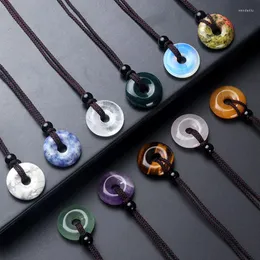 Pendant Necklaces 20mm Circle Donut Healing Crystals Stone Necklace Amulet Lucky Charm Adjustable Braided Rope For Men Women