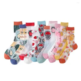 Women Socks 2 Par Girls 'Happy Summer Chic Crystal Silk Funny Fruits Avocado Durian Peach Strawberry Watermelon Dropship