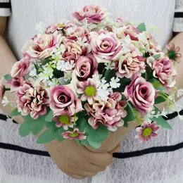 Dekorativa blommor konstgjorda retro Silk Rose Bouquet Hydrangea Peony Bridal Fake Home Wedding Decoration Christmas A