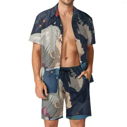 Herrspårar Sophie Men Set Howls Moving Castle Casual Shorts Beach Shirt Set Summer Retro Printed Suit Kortärmad plus storlek