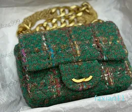 Designer Womens wool Shoulder Bag Wool tweed Classic Green plaid Metal Turnbutton Luxury Handbag Thick chain crossbody bag Makeup Case Key Bags 18/24cm
