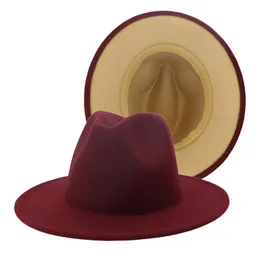 2020 Outer Burgundy Inner Tan Patchwork Wool Felt Jazz Fedora Hats Women Men Large Brim Panama Cap Casual Unisex Gambler Hat3115