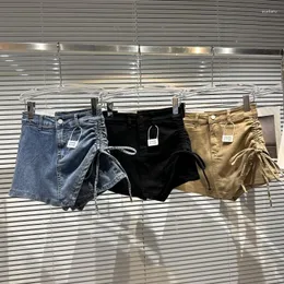 Damen-Shorts, Frühling/Sommer 2023, Wasserwasch-Jeans, kurzer Rock, modischer seitlicher Riemen, Kordelzug, Schwarz, Blau, hochwertige Damen