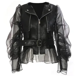 Women's Leather Faux Motorcycle Jacket PU Belted Slim Casual Biker Coat 230928