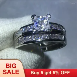 Cluster Rings Valueable Princess Cut Stone 5A Zircon 10KT White Gold Filled Wedding Ring Set Sz 5-11