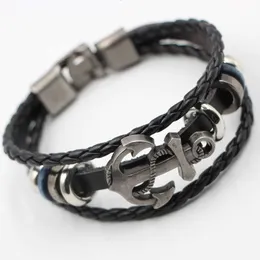 Punk mão tecido couro barco âncora pulseira de aço inoxidável masculino