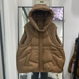 Mulheres coletes lagabogy inverno mulheres branco pato para baixo sem mangas quente puffer jaqueta casual solto malhas retalhos colete com capuz 230928