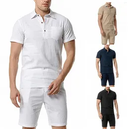 Men's Tracksuits Casual Cotton And Linen Lapel Pocket Slim Fitting Short Sleeved Shirt Shorts Beach Set