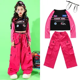 Stage Wear Ballroom Hip Hop Dance Performance Costumes For Kids Long Sleeved Rose Red Pants Suit Streetwear Jazz Clothes DQS14220
