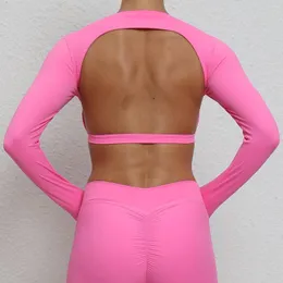 Camisas ativas sem costas de manga comprida colheita superior yoga ginásio feminino camiseta de fitness esporte lycra roupas esportivas outono roupas femininas rosa
