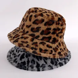 Breite Krempe Hüte Eimer Hüte Winter Kuh Leopard Kunstpelz Flauschige Eimer Hüte Frauen Outdoor Warm Sonnenhut Weiche Samt Pelz Fischer Kappe Mädchen Mode Panama 230928