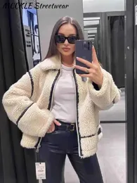 Mulheres misturas de lã cordeiro mulheres casaco inverno turndown colarinho manga longa rua feminina jaqueta curta zíper solto moda senhora quente outwear 230928