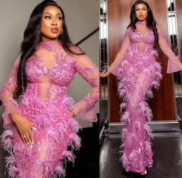 Okt Aso Ebi Arabiska sjöjungfru Fuchsia Prom Dress Crystals Lace Feather Formal Party Second Reception födelsedagsengagemang klänningar klänningar mantel de soiree zj3