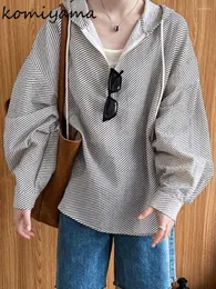 Women's Blouses Komiyama Casual Loose Stiped Blusas Mujer Hooded Half Zipper Shirts Long Sleeve Camisas Sun Protection Shirt Tops