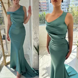 Elegant One Shoulder Mermaid Prom Dresses Satin Green aftonklänning veckar formell lång speciell tillfälle festklänning