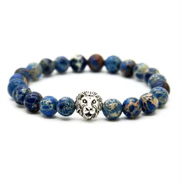 1PCS Wonderful Silver Color Lion Head Bracelet Made With Nine Styles 8mm Natural Stone Beads Bracelets For Men267S