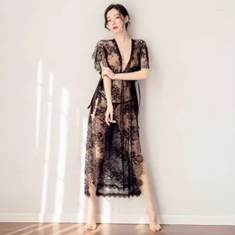 Women's Sleepwear Fashion Sexy Black Perspective Eyelash Lace Nightdress Long Slit European And American Erotic Lingerie