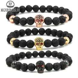 HOBBORN Trendy Natural Lava Stone Bracelet Women Men Hip Hop Rose Gold Silver Color Charm CZ Skull Bracelets Pulsera Hombre2754