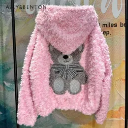 Women's Fur Light Luxury Fashion Furry Coats Cute Faux Fall Winter Hooded Pink Rhinestone Cartoon Handmade Woolen Trench Chaquetas Mujer