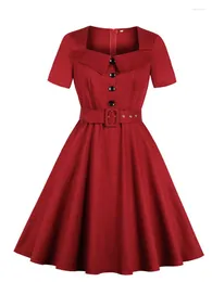Casual Kleider 2023 Retro Frauen Quadrat Kragen Knopfleiste Vorne Gürtel 50 60er Jahre Rockabilly Kleid Kurzarm Tasche Elegante Solide Vintage