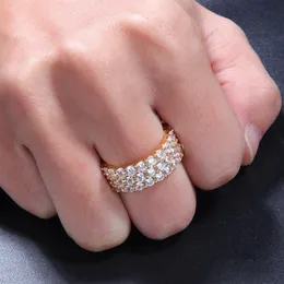 Nowy hip hop bling mens damskie pierścionki biżuterii złota srebrna trzy rzędowa cyrkon diamentowy zaręczyny mrożony pierścienie 255q