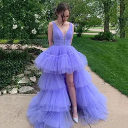 Lavender Sexy Hi-Low Tiered Tulle Prom Dress for Women 2024 V Neck A Line Backless Prom Party Ball Gown robes de soir