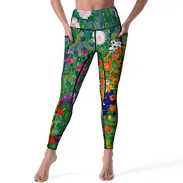 Active Pants Gustav Klimt Art Yoga Lady Cottage Garden Leggings Hög midja Sexig Legging Stretch Mönster Tränar sportstyster