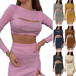 Survêtements pour femmes Femmes 2 pièces Tenues d'été Creux Out Crop Tops Moulante Mini Jupe Robe Ensemble Couleur Solide Correspondant Goutte