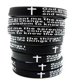 100pcs Inspirational English Serenity Prayer Silicone Bracelets Christian Men Cross Fashion Wristbands whole GOD SERENITY Jewe256N