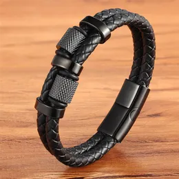 Men Fashion Knitted Bracelets Multi-layer Braided 316L Stainless Steel DIY Beaded Black Leather Cord Bracelet Hip Hop Bangle Jewel286N