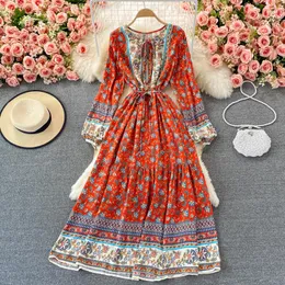 Casual Dresses Design Women's Bohemia Print Flowers Long Sleeve Lacing Elastic Waist Nation Ethnic Style Maxi Dress