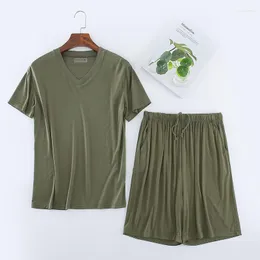 Men's Sleepwear L-8XL Summer Modal Pajama Sets Thin Short Sleeve T-shirt Shorts Mens Casual V-Neck Solid Home Clothing Plu Size 2024