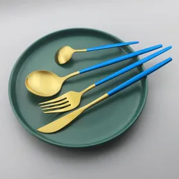 Dinnerware Sets 4Set Blue Gold Set Stainless Steel Cutlery Home Fork Spoon Knife Dinner Silverware Flatware Drop