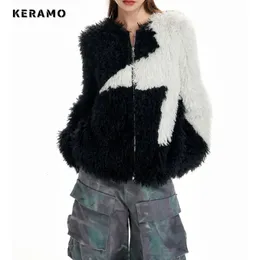 Womens Fur Faux Autumn Winter American Retro Zipper Contraving Colluct stack