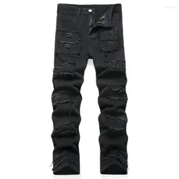 Jeans masculinos europeus e americanos angustiados perna pequena para homens high street slim fit elástico motocicleta preto riscado longo