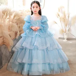 2023 Country Flower Girl Dresses Bow Back White Ivory Ball Gown Jewel long Sleeves tutu Floor Length Girls Pageant Dress ball gown Lace Applique Gowns Party Tutu Skirt