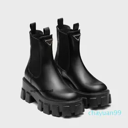 Outdoor Pradda Flat Prad Toe Polido Luxo Elasticidade de Couro Chelsea Slipon Redondo Tornozelo Mulheres Botas Sapatos Full Designer Grain Booties Couro