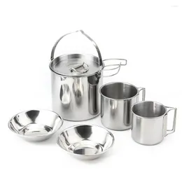Cookware Sets Stainless Steel Kettle Water Cup Bowl 5 Piece Portable Picnic Folding Handle Non-magnetic Multifunctional