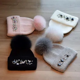 Designer winter knitted beanie woolen hat women chunky knit thick warm faux fur pom beanies hats female bonnet beanie caps 4 colors