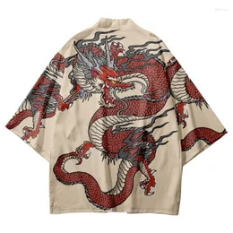 Ethnic Clothing Red Chinese Dragon Printed Japanese Kimono Beach Shorts Summer Couple Men Women Yukata Shirt Haori Cardigan Cosplay