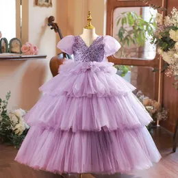 purple V neck flower girl dresses shiny pearls crystals ball gown little girl wedding dress birthday party gowns Pageant Gowns Neckline Tulle First Communion Dress