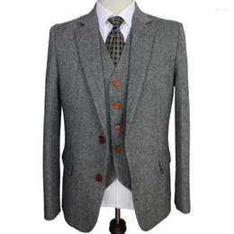 Ternos masculinos homens terno retro cavalheiro estilo cinza clássico tweed alfaiate casamento para fino ajuste blazer masculino 3 peça jaqueta calças colete