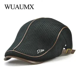 Berretti Wuaumx Autunno Inverno Berretto all'uncinetto Cappelli con fibbia per uomo Berretto da donna Visiere militari Addensare Scalda lana Casquette lavorata a maglia 230928