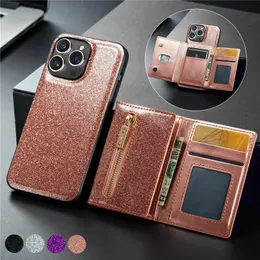 Glitter 2 in 1 Magnetic Zipper Phone Case for iPhone 15 14 13 12 11 Pro Max Samsung Galaxy S23 S22 Ultra S23FE 5G Google Pixel 8 8Pro 7 7Pro 6 6Pro 7A 6A Wallet Chain Back Cover