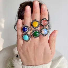 Cluster Rings Round Natural Stone Vintage Labradourite Agat Ring For Woman Adjustable Open Finger Jewelry Gem Men Party Gifts
