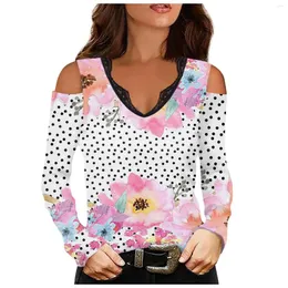 Kadınlar için Kadın Tişörtleri Gömlek Moda Moda Gündelik Çiçek 3D Baskı Uzun Kollu V yakalı Dantel Patchwork T-Shirt Y2K Hoodies Roupas Para