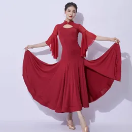 Stage Wear Ballroom Dance Competition Dress Black Red Standard Costume Prom Dresses Flare Sleeve Performance DL10944