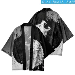 Ethnic Clothing Black White Wolf Splicing Printed Japanese Kimono Beach Shorts Yukata Shirt Haori Cardigan Cosplay Couple Men Women