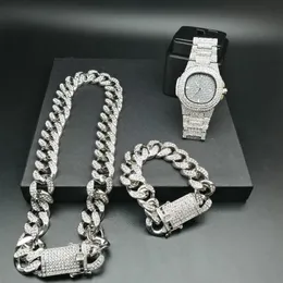 2cm Hip Hop Gold Color Iced Out Crystal Miami Cuban Chain Gold Silver Men Watch Watch Netlace Set Hip Hop King New1885