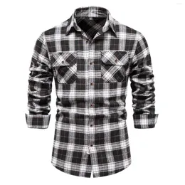 Camisas casuais masculinas longo botão para baixo camisa masculina bolso moda xadrez manga solta ajuste topo
